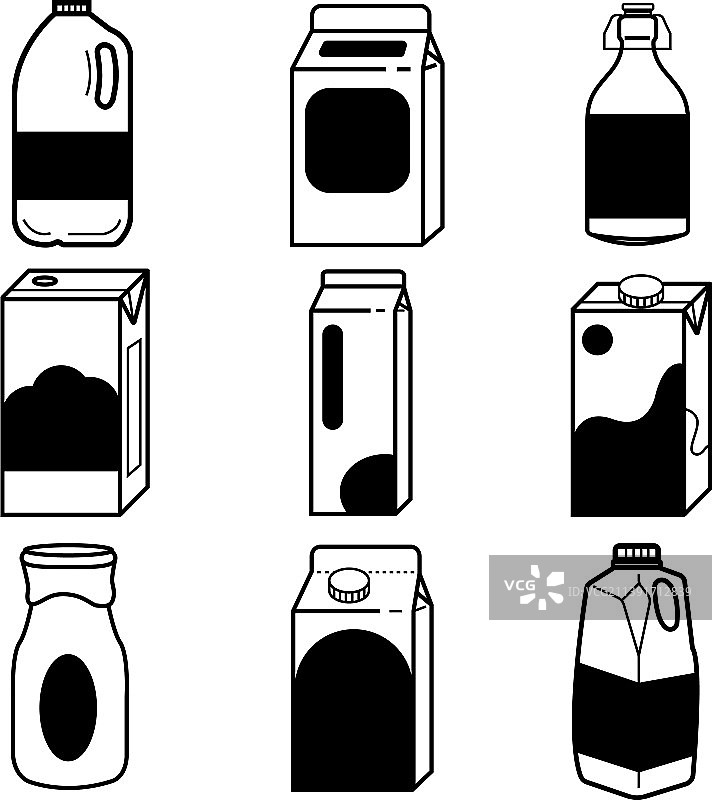 容器、瓶子、罐子和纸盒中的牛奶套装图片素材