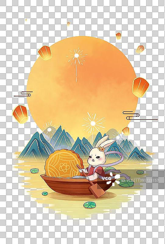古风中秋节兔子月饼月亮山水孔明灯插画元素图片素材
