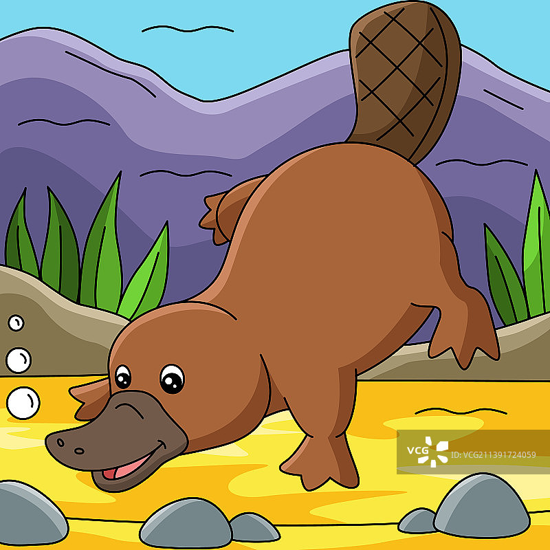 卡通彩色海洋中的鸭嘴兽图片素材