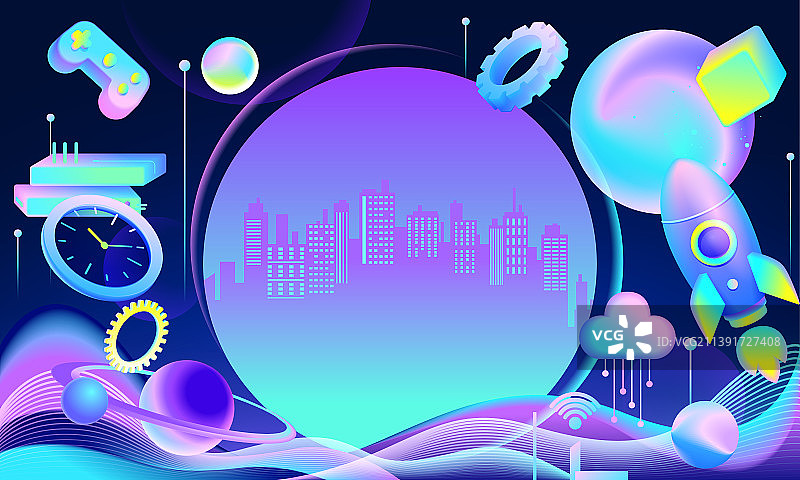 元宇宙VR虚拟未来星球火箭城市矢量插画图片素材