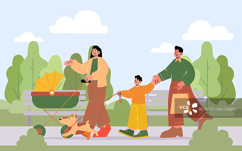 家庭在公园遛狗和婴儿车图片素材