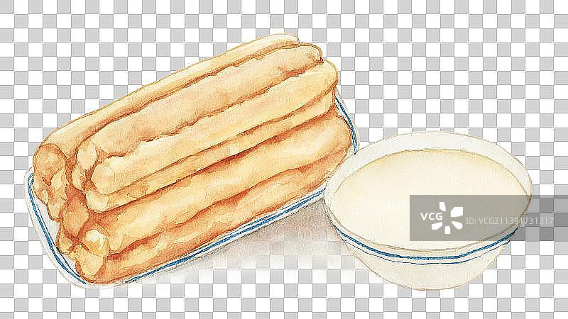 中式早点豆浆油条 水彩手绘插画图片素材