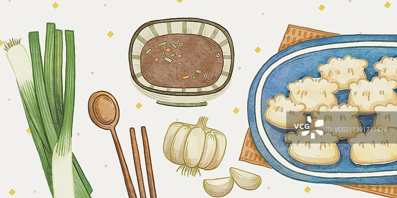 手绘可爱水彩一盘饺子食醋大蒜和大葱图片素材