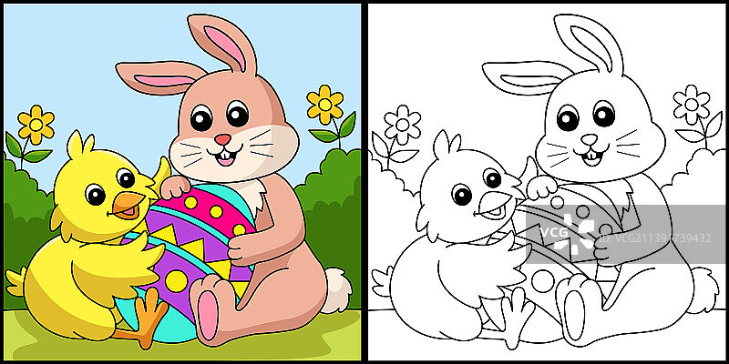 兔子和小鸡拥抱复活节彩蛋图片素材