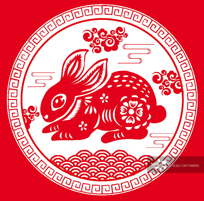 兔年春节剪纸风 扁平庆祝可爱插画窗花圆形图片素材