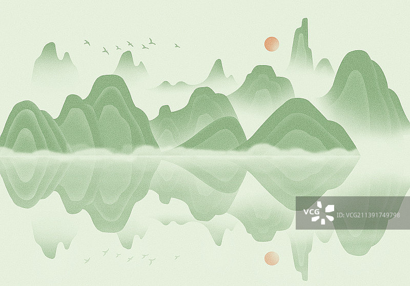 中国新中式风千里江山青山绿水插画，金融汽车行业房地产山水插画，春天夏天清明节端午节清新山水插画图片素材
