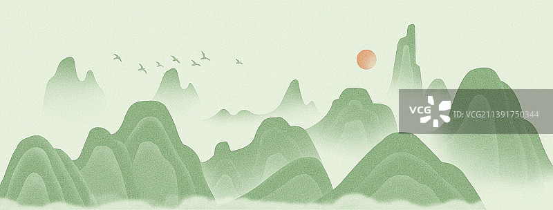 中国新中式风千里江山青山绿水插画，金融汽车行业房地产山水插画，春天夏天清明节端午节清新山水插画图片素材