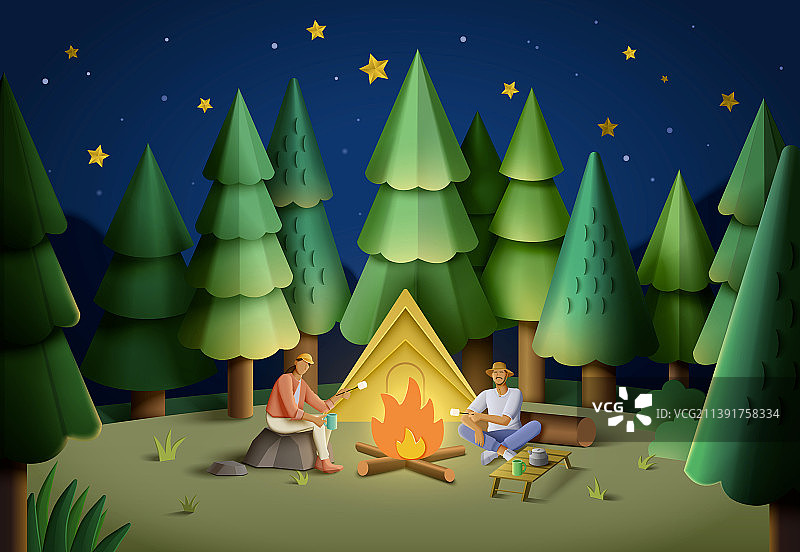 剪纸星空下露营矢量图图片素材