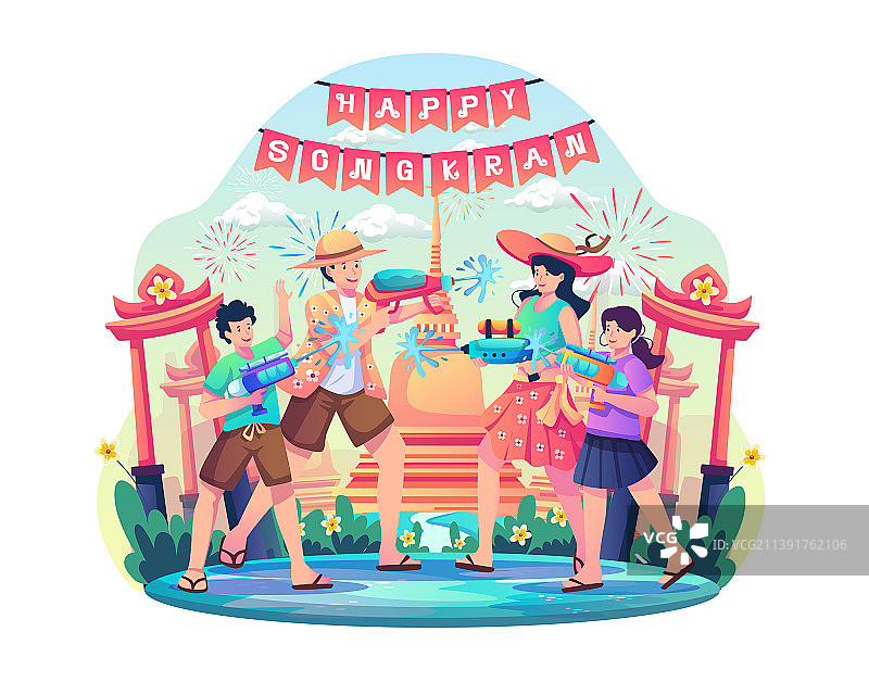 一起玩水枪庆祝的家庭图片素材