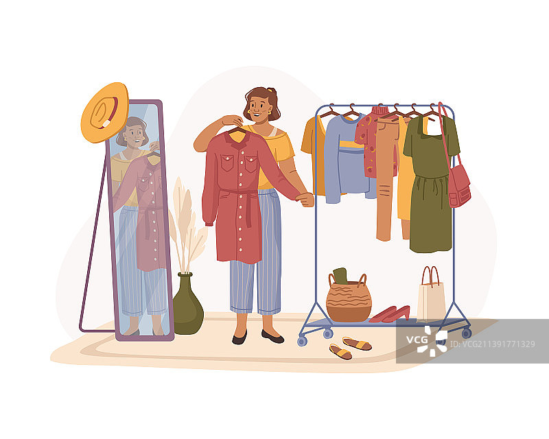 在衣柜和镜子前试衣服的女人图片素材