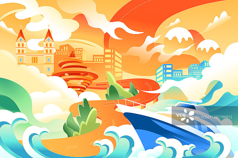 卡通国庆节党建古城建筑青岛北京城市地标出行旅游小长假建党节建军节庆祝太和殿长城中国风国潮矢量插画图片素材