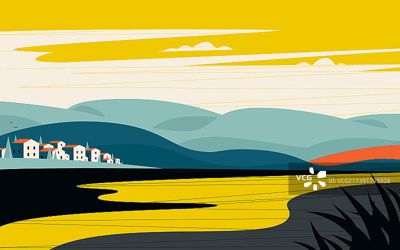 日落时分的小城市与群山图片素材