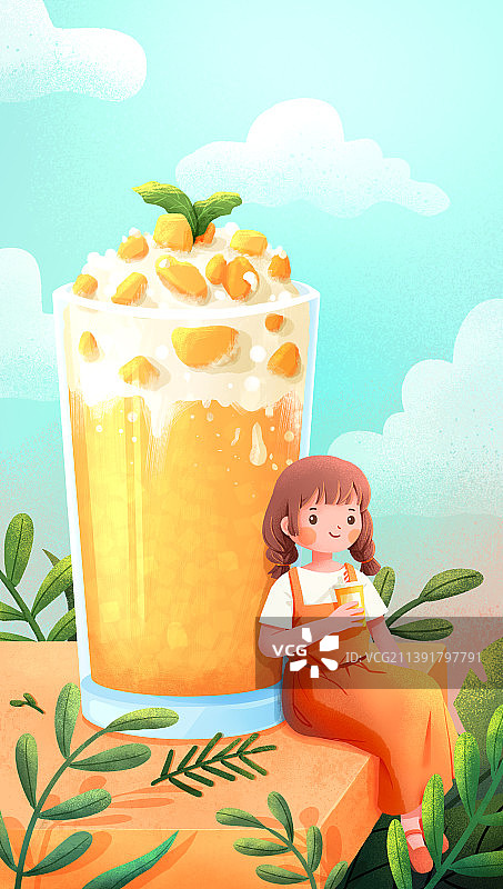 夏天喝冷饮的女孩手绘大暑小暑节气插画图片素材