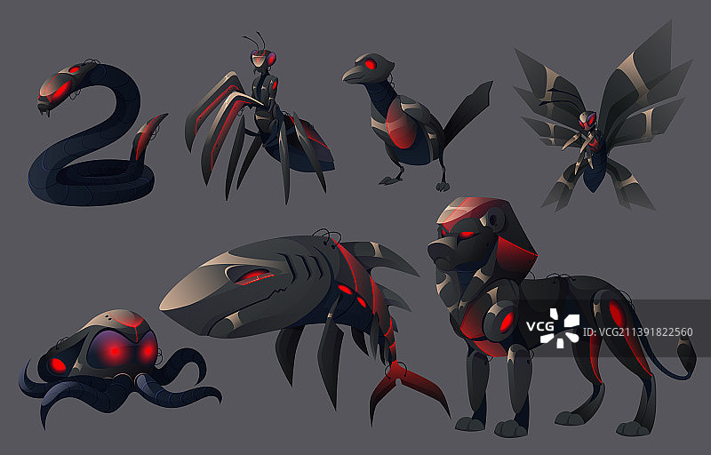 邪恶的机械动物：狮子、鲨鱼、蛇机器人图片素材