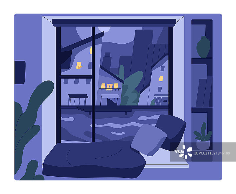 从家中窗户看到的城市街道夜景图片素材