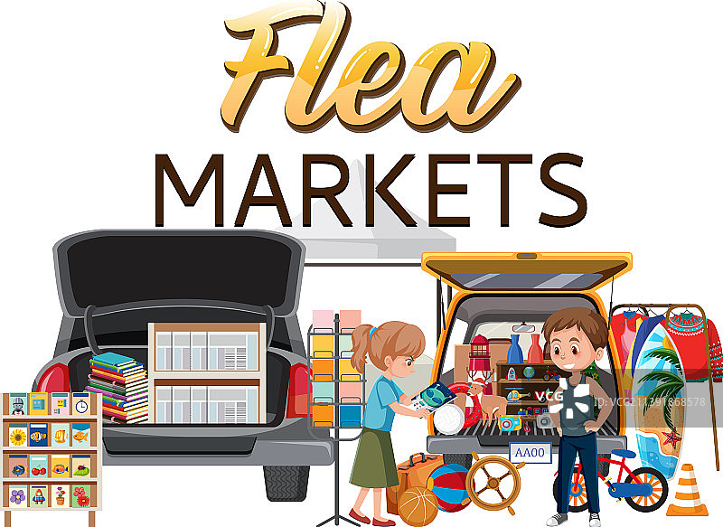 带有汽车后备箱销售的跳蚤市场概念图片素材