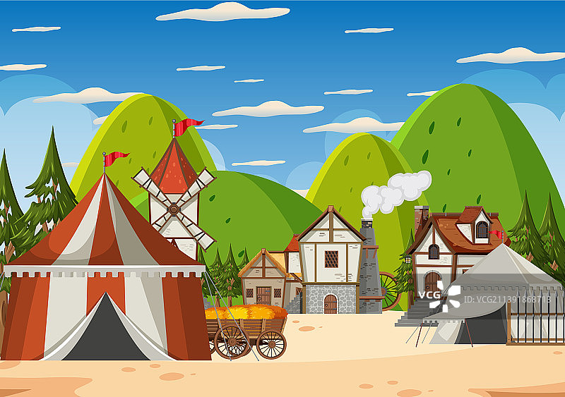 卡通风格的中世纪军营场景图片素材