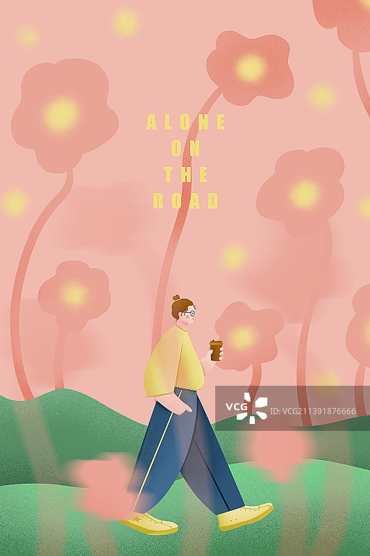 《一个人在路上》扁平噪点清新插画之咖啡女孩图片素材