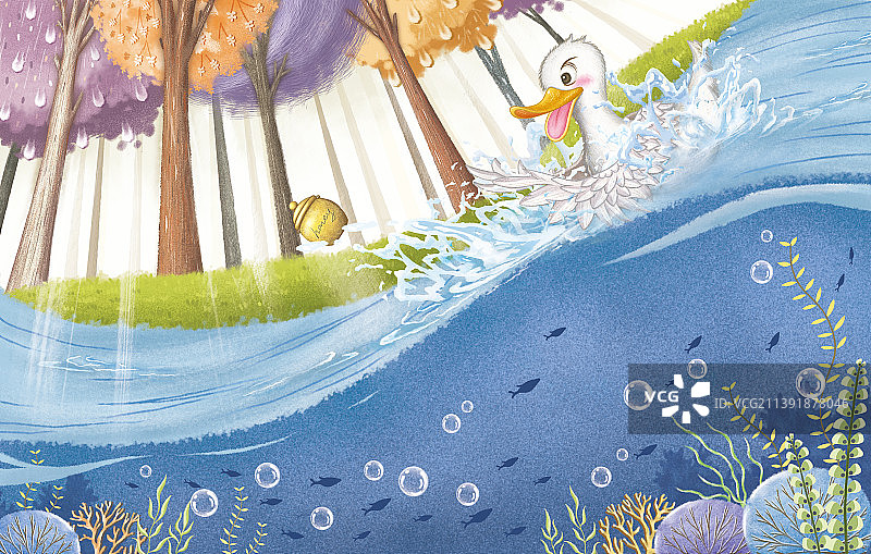 鸭子追赶被水流冲跑的罐子图片素材