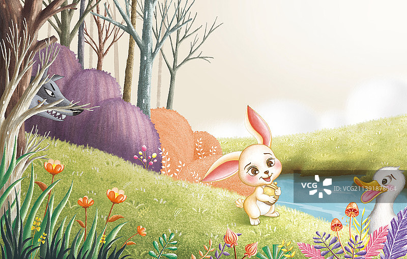 鸭子和兔子聊天时被大灰狼盯上图片素材