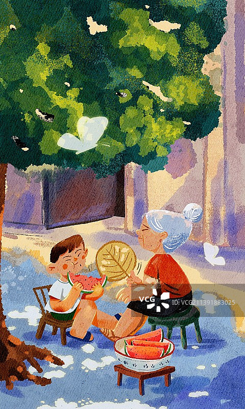 插画夏天夏至大暑小暑乘凉纳凉传统节日炎热夏季图片素材