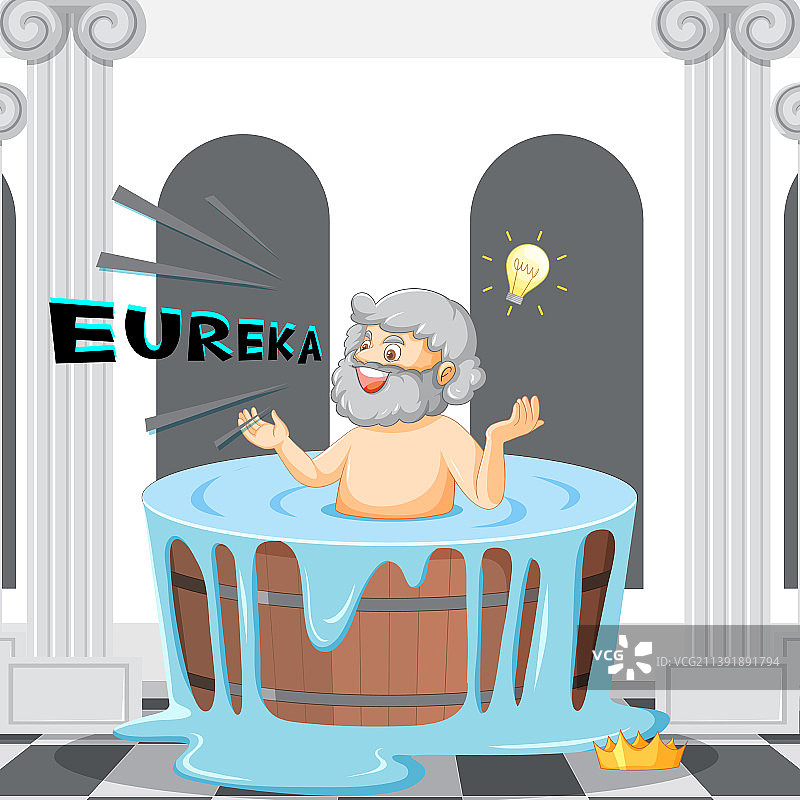 阿基米德在浴缸里的卡通形象，配有“Eureka”字样图片素材