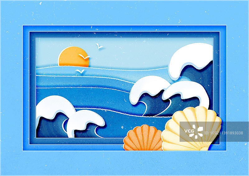 横版剪纸风装饰画夏季海浪图片素材
