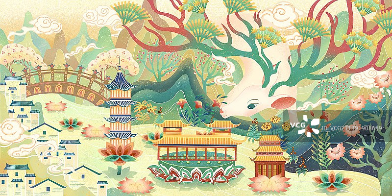 敦煌风景 七色鹿图片素材