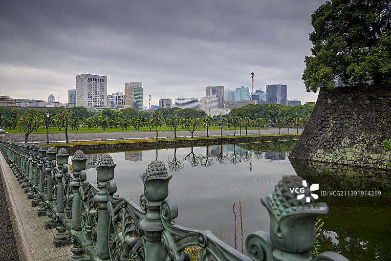 日本东京都，日本皇宫、皇宫广场和东京城市天际线图片素材