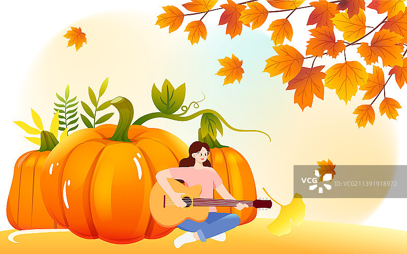 立秋节气唯美风景秋天枫叶落叶收获季节插画图片素材