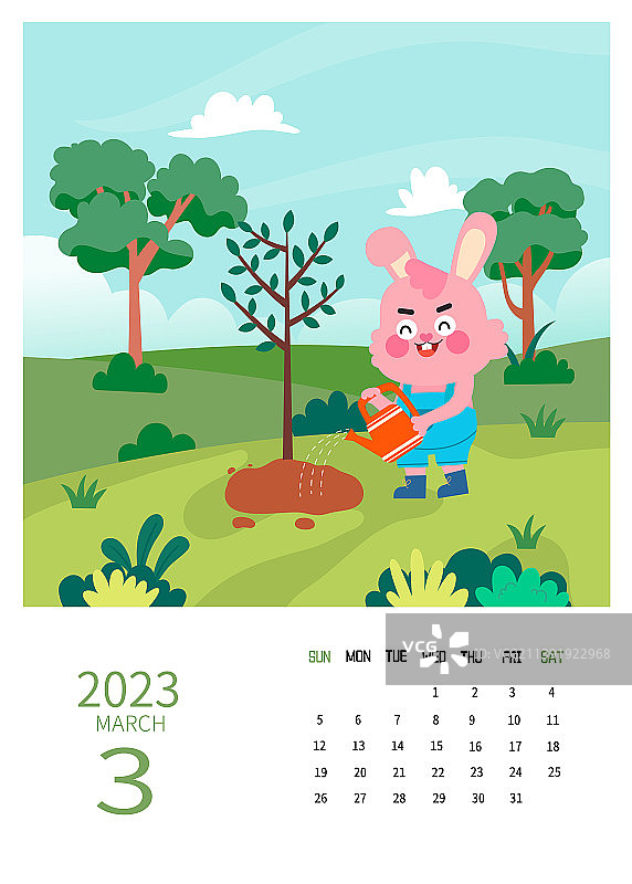 2023年兔年日历3月份插画模板图片素材
