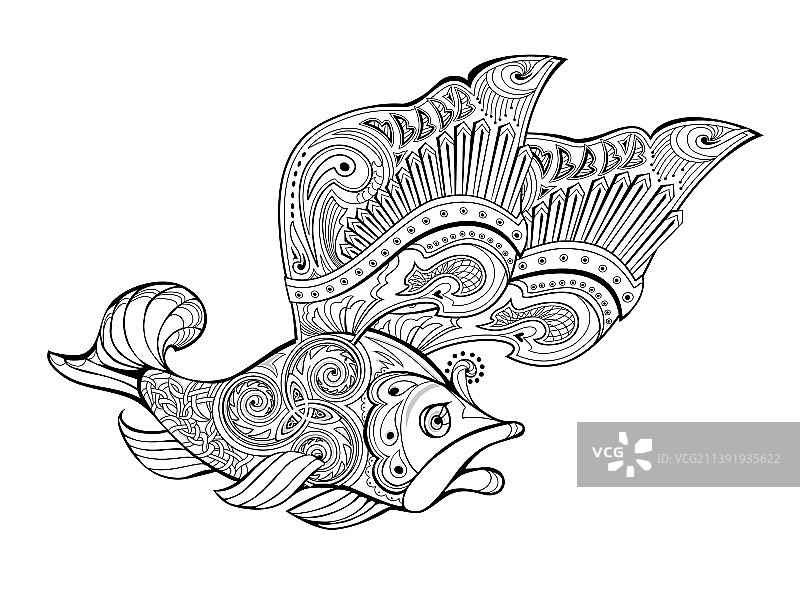 带翅膀的奇幻好战飞鱼着色图图片素材