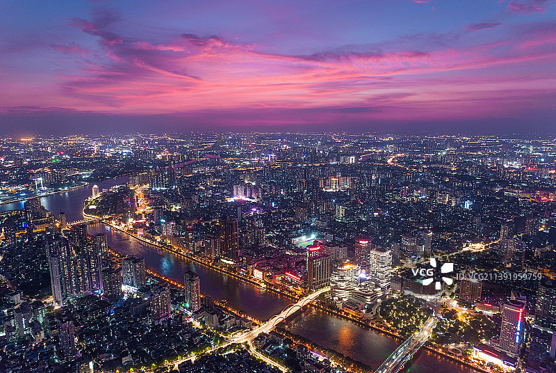 广州夕阳晚霞火烧云航拍全景风光图片素材