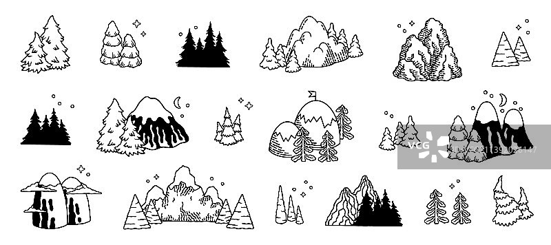 手绘山脉和森林景观图片素材