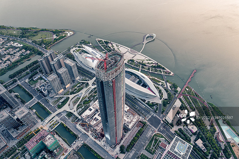 吴江苏州湾黄金湖旅游区太湖新城日落航拍图片素材