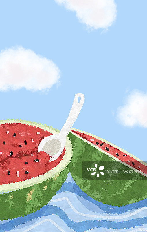 夏令营夏日降暑必备神器冰镇西瓜蓝天白云大海沙滩边吃西瓜图片素材