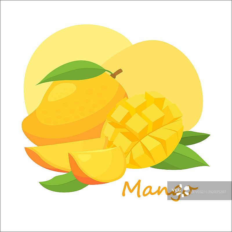 卡通风格的新鲜芒果和叶子图片素材