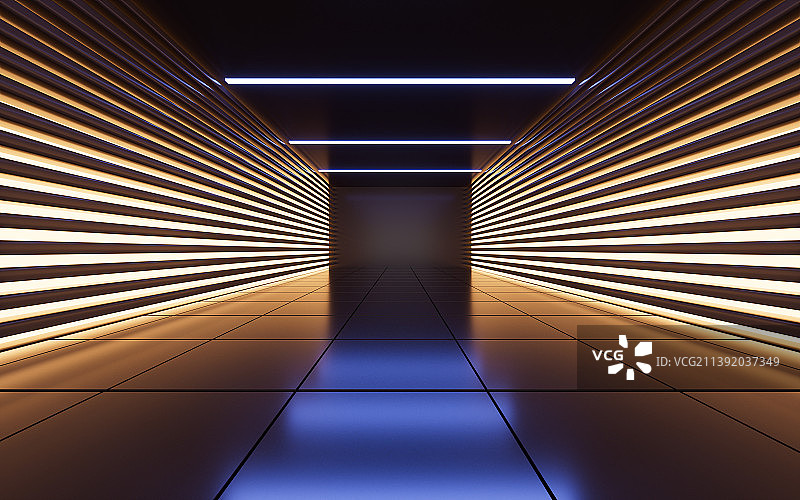 发光的霓虹灯与隧道3D渲染图片素材