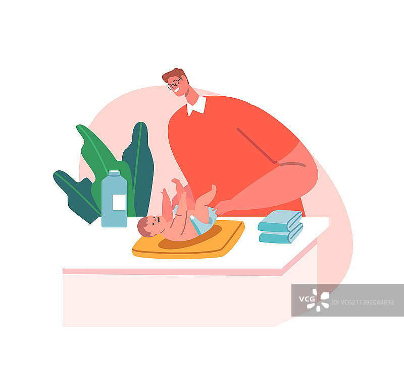 有爱的父亲为可爱的新生儿换尿布图片素材