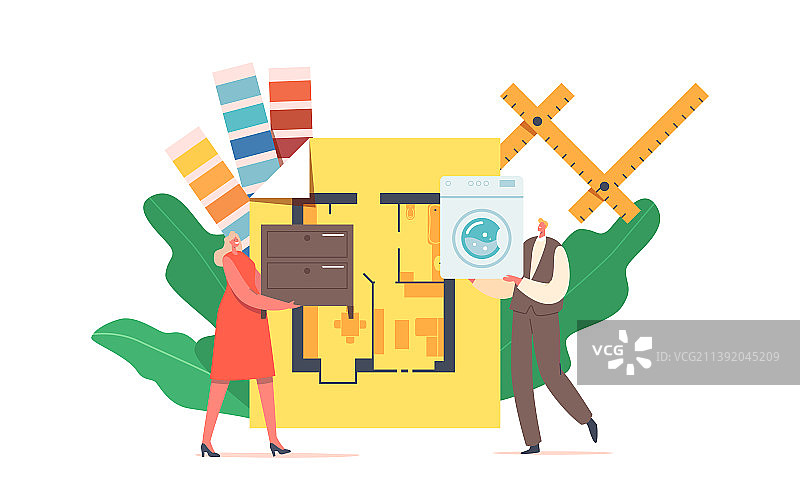 手持梳妆台的迷你男性和女性角色图片素材