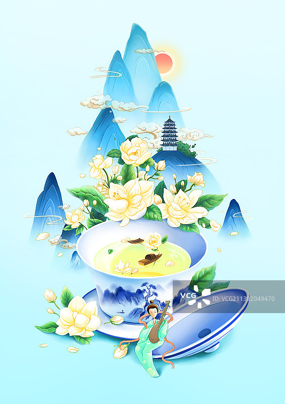 水墨国风 微观场景 茉莉花茶 插画海报图片素材