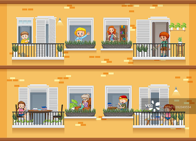 带卡通邻居的公寓窗户图片素材