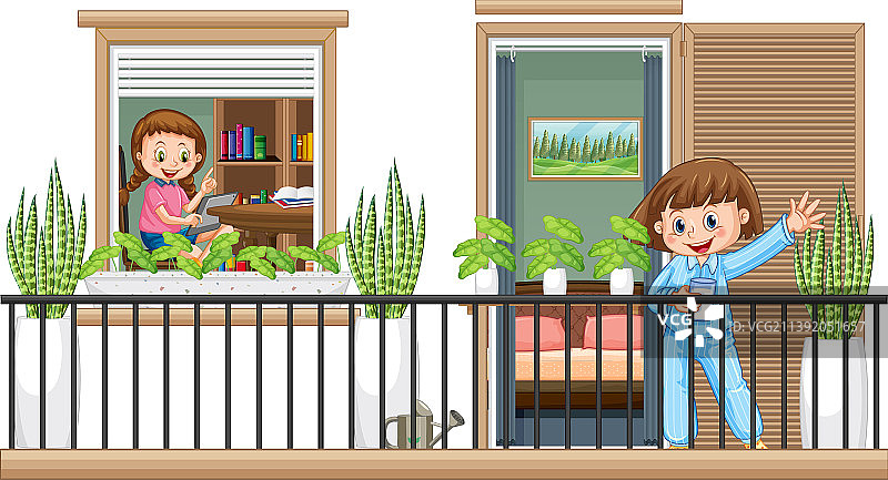 在阳台上挥手的女孩图片素材