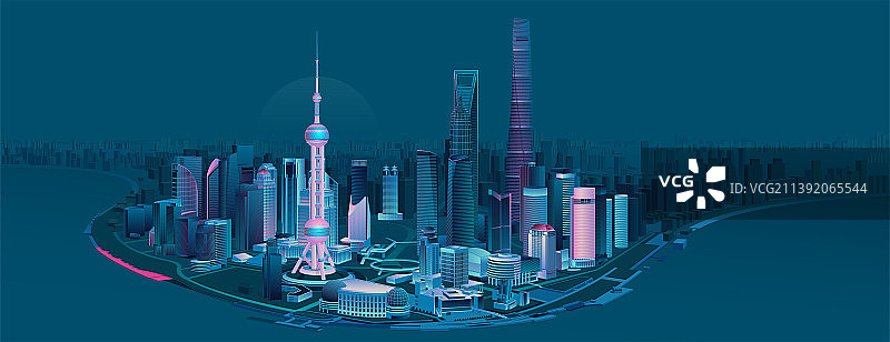 上海陆家嘴天际线全景俯瞰矢量插画图片素材