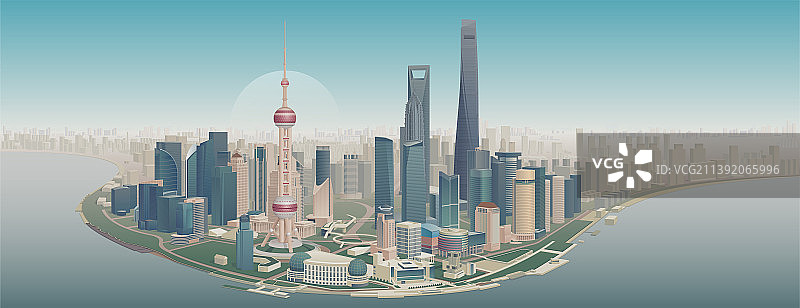上海陆家嘴天际线全景俯瞰矢量插画图片素材