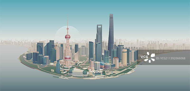 上海陆家嘴天际线全景俯瞰矢量插画图片素材