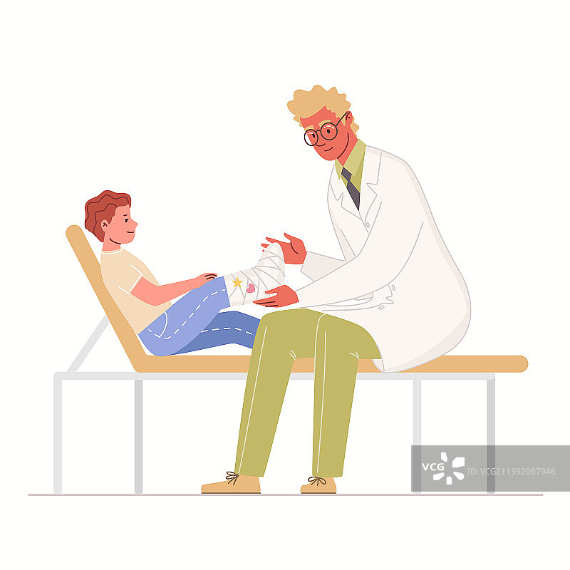 男孩腿部受伤骨折坐在医生办公室图片素材