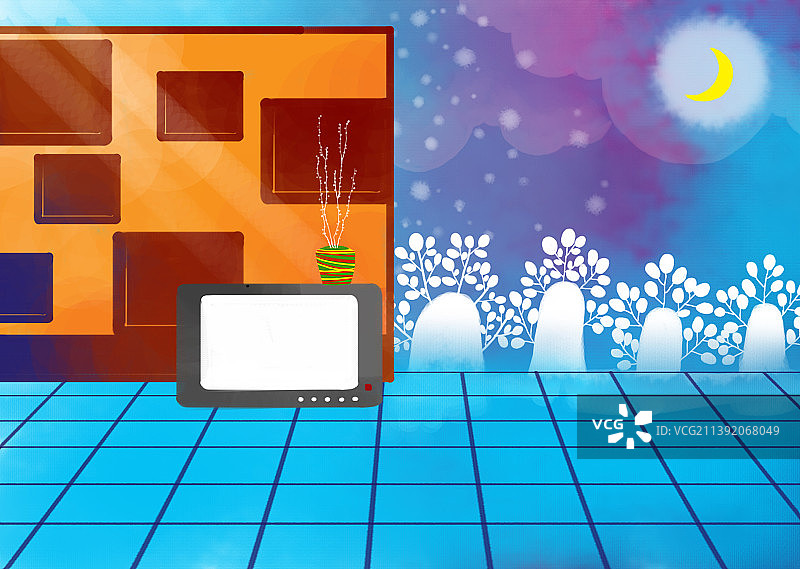 蓝色背景下的数字平板电脑和照明设备的高角度视图图片素材