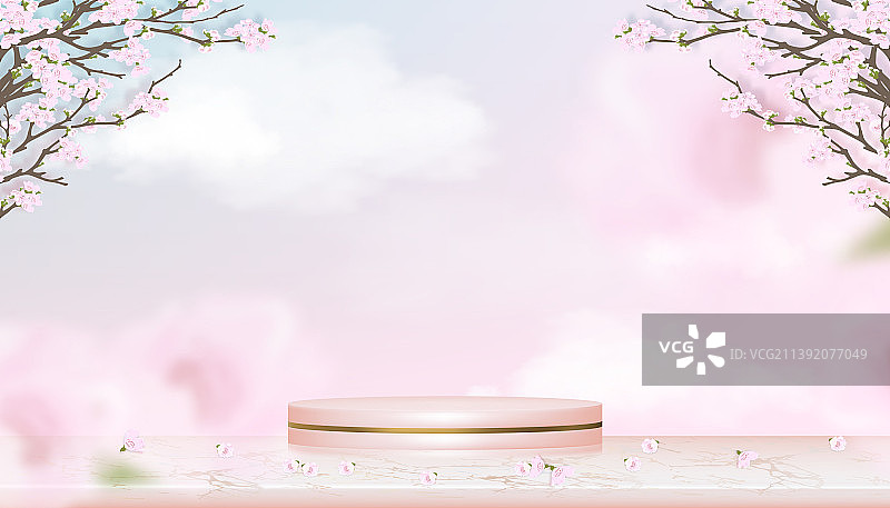 带蓝色春天苹果花的讲台展示图片素材