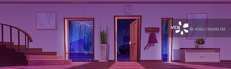 暴风雨天气下的房屋走廊内景图片素材